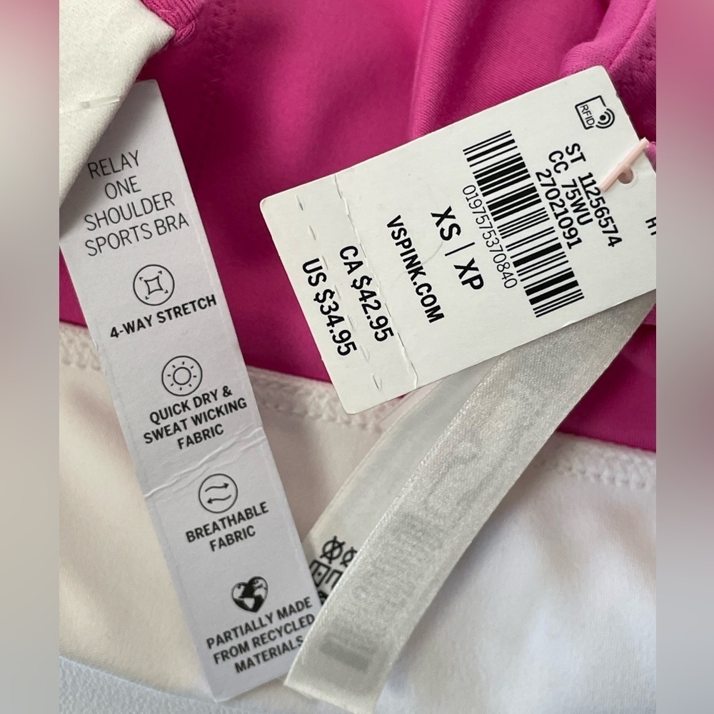 PINK VS RELAY ONE-SHOULDER SPORTS BRA Pink White Women size XS/S - Picture 3 of 6